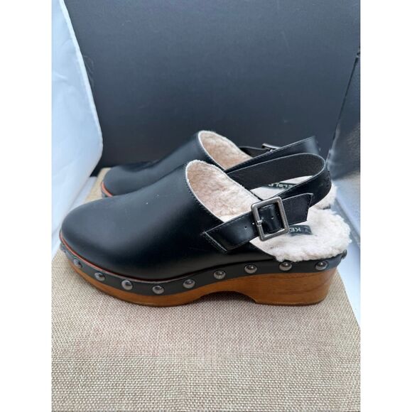 Kelsi Dagger Black Leather Clogs with Brown Sole - Picture 3 of 11